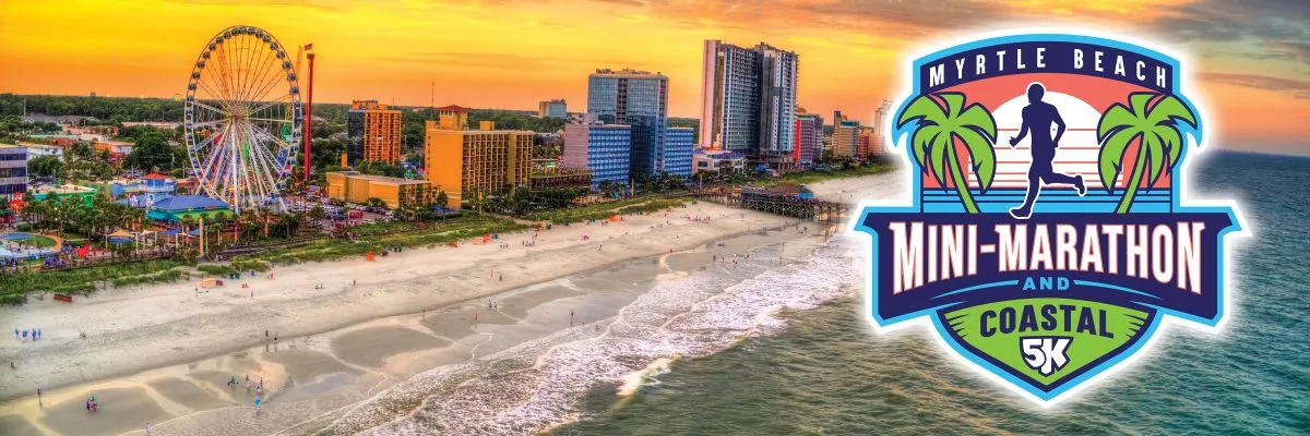 Myrtle Beach Mini-Marathon and Coastal 5K banner featuring a scenic beach view with a Ferris wheel and skyline, overlaid with the race logo.