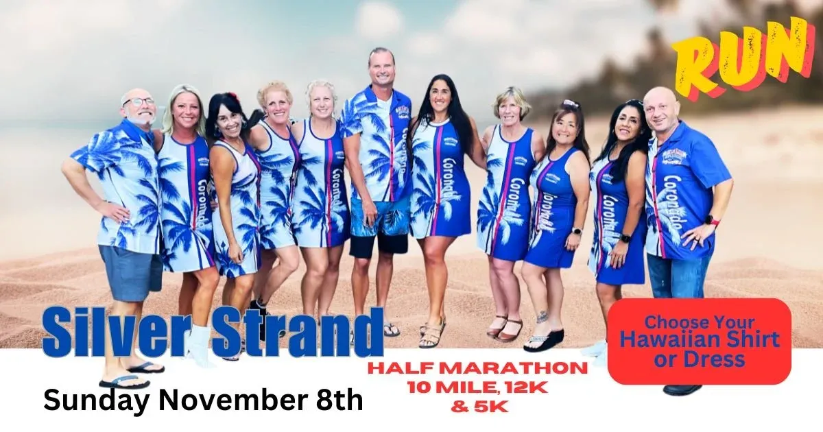 A group of people wearing matching blue and white palm tree print shirts and dresses, posing on a beach with the text 'Silver Strand' and 'RUN' visible.