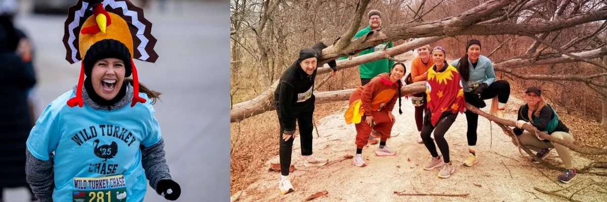A collage of two photos: a woman in a turkey hat running and smiling, and a group of runners posing on a wooded trail.