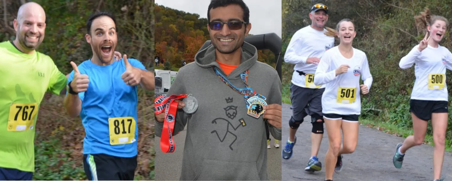 Collage of runners at the Buffalo Creek Half Marathon, showing participants smiling, running, and displaying their medals.