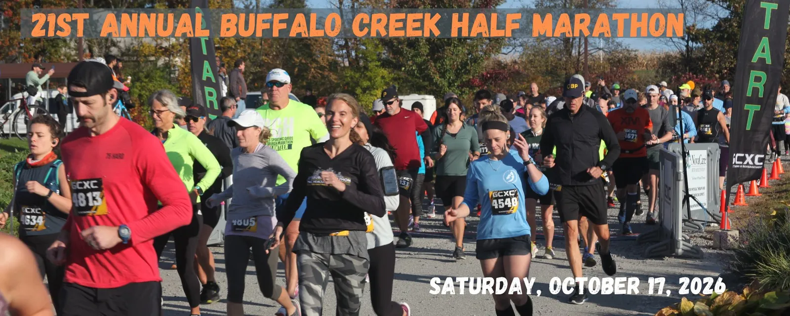 Runners starting the 21st Annual Buffalo Creek Half Marathon on Saturday, October 17, 2026.