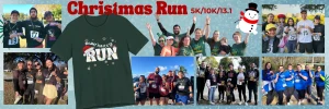 Collage of photos showing participants in the Christmas Run, including groups of people, a t-shirt, and festive elements.