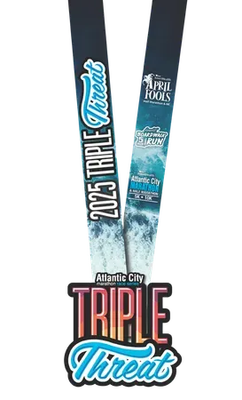 Atlantic City Triple Threat medal with ribbons showing race details.