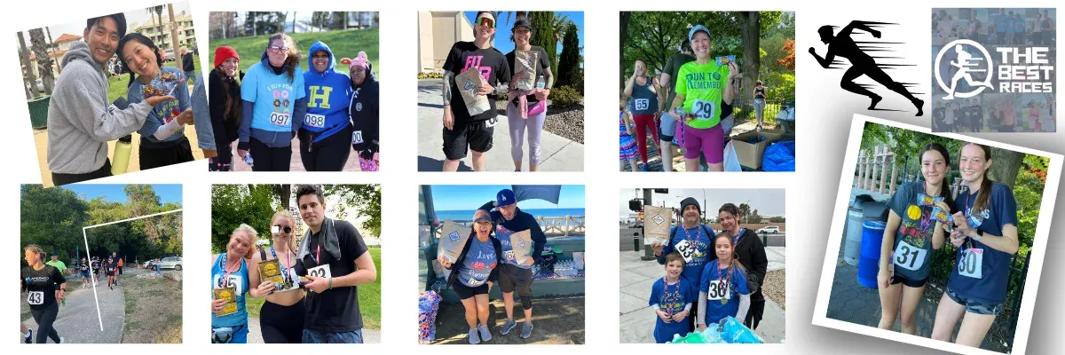 Collage of photos showing runners and groups of people at a race, some holding medals and goodie bags.