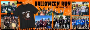 Collage of runners at the Halloween Run, some in costumes, with race distances listed.