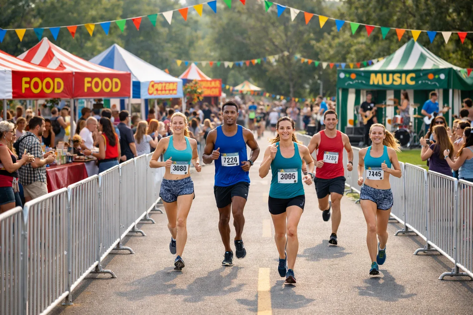 Runners smiling and giving thumbs up as they run past food and music tents decorated with colorful flags.