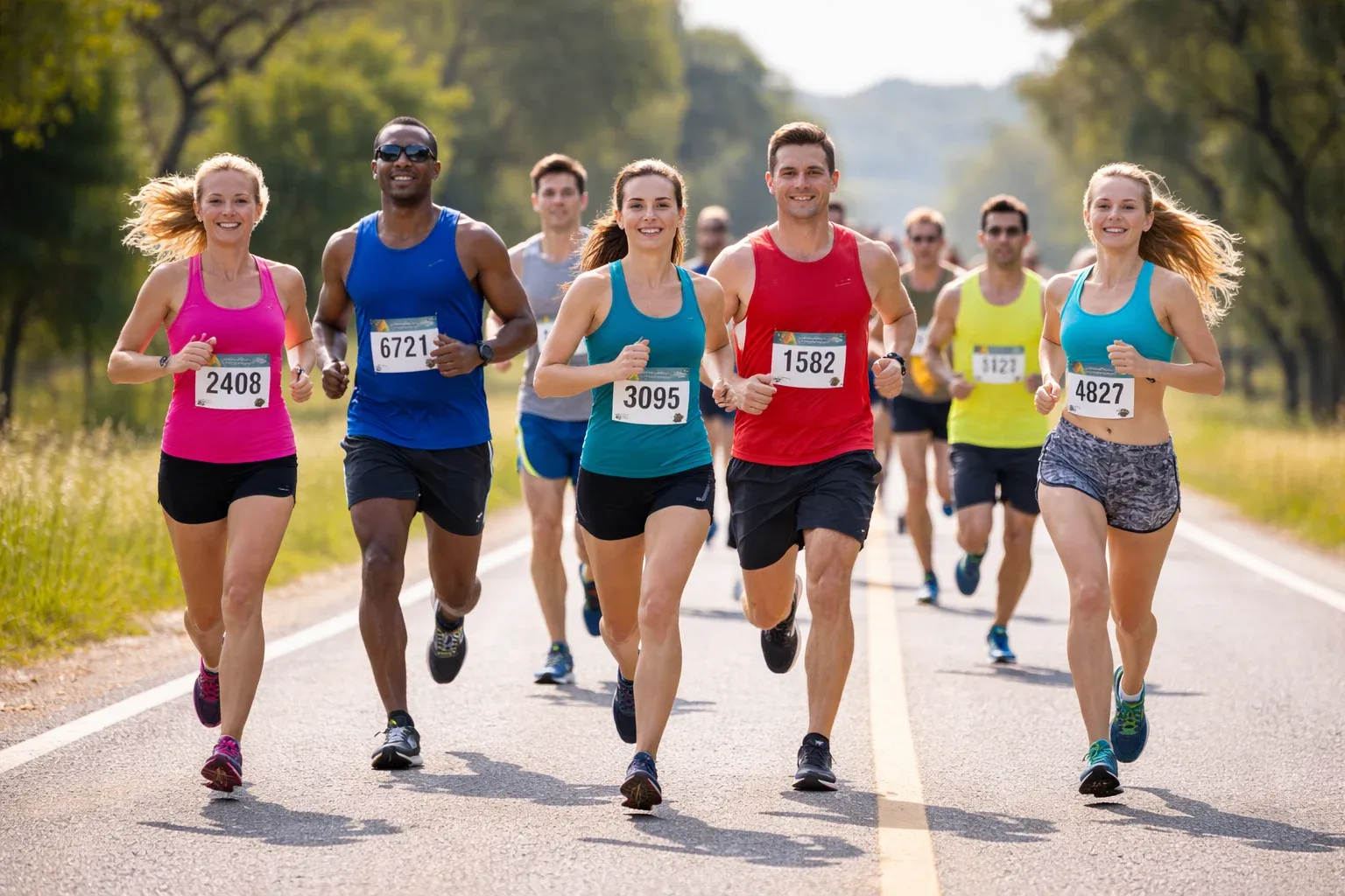 A group of diverse runners smiling as they run down a road during a race.