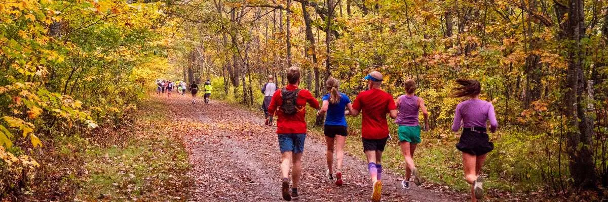 Runners on a wooded trail during autumn, with colorful fall foliage.