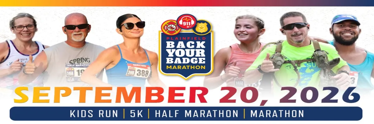 Group of diverse runners smiling and giving thumbs up, with the 'Plainfield Back Your Badge Marathon' logo and event date 'September 20, 2026' prominently displayed.
