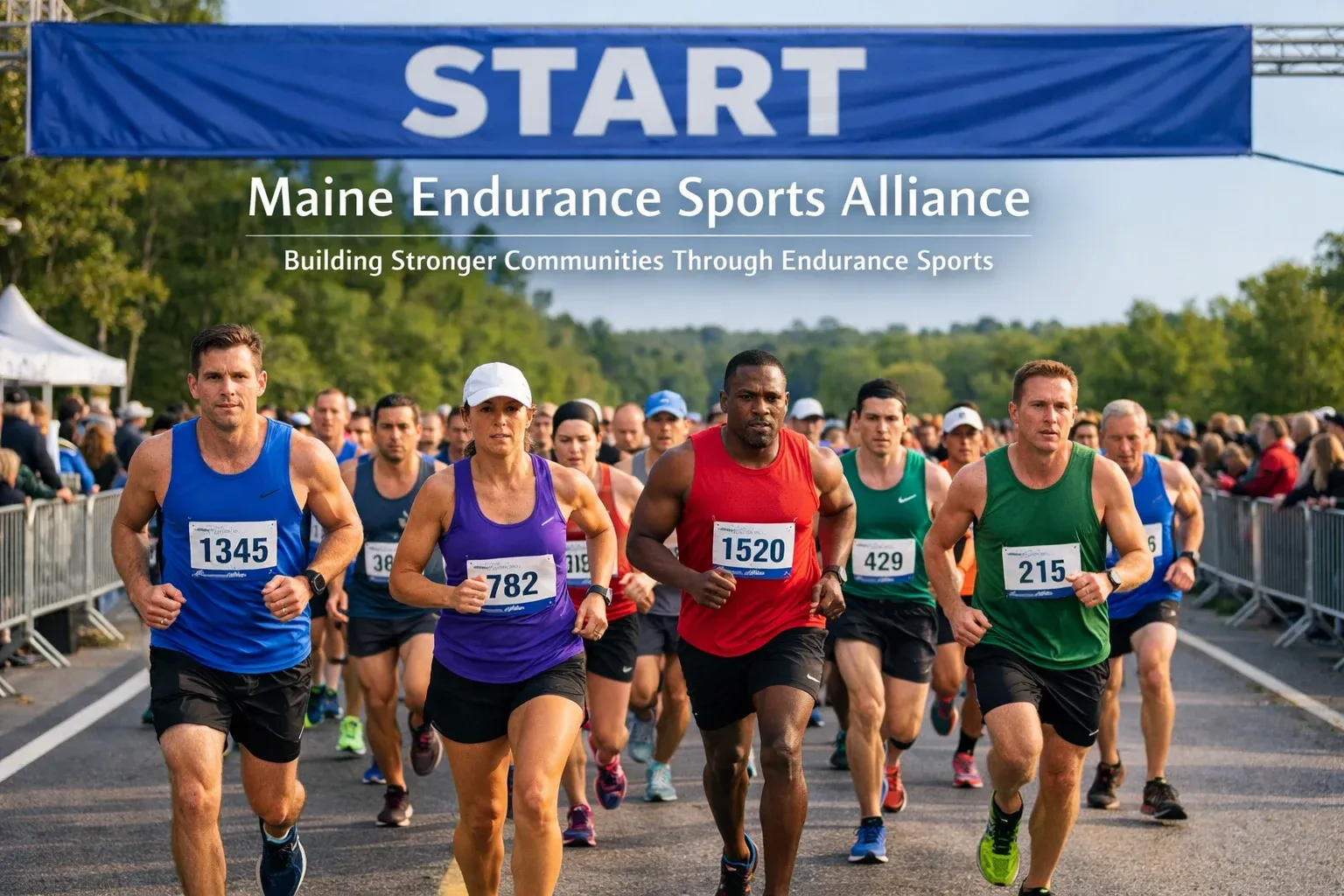 Runners in a race start line with a banner that says START and "Maine Endurance Sports Alliance".