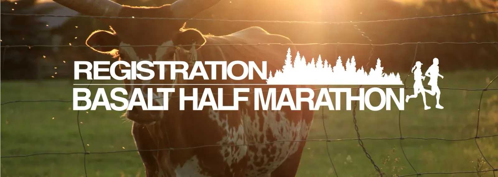 Two runners silhouetted against a sunset, with text overlay reading "REGISTRATION BASALT HALF MARATHON" and a graphic of trees and a longhorn cow.