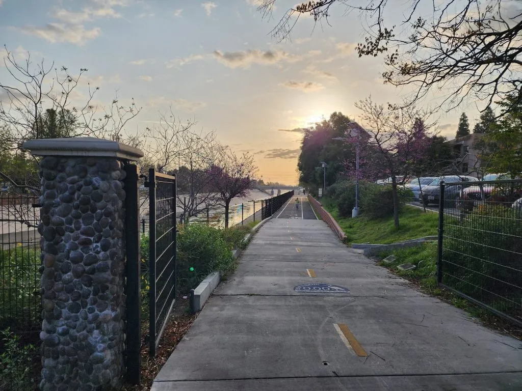 A paved path runs alongside a body of water at sunrise, with trees and buildings in the background.