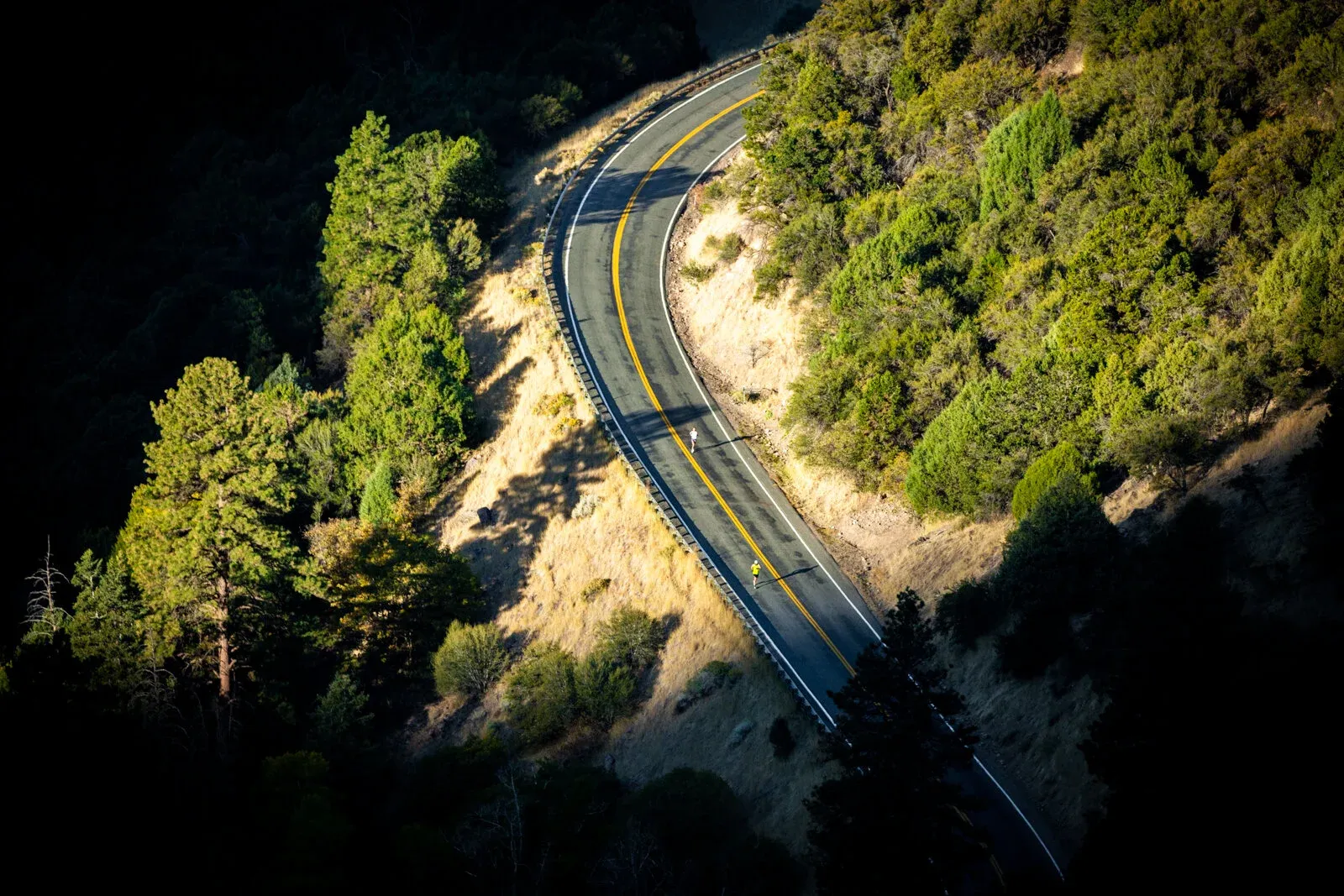 Two runners on a winding road through a forested canyon.