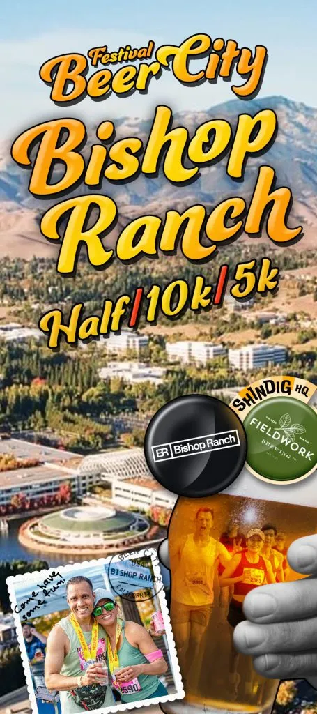 Collage of runners celebrating at the Beer City Bishop Ranch Half Marathon, with scenic views of the course and sponsor logos.