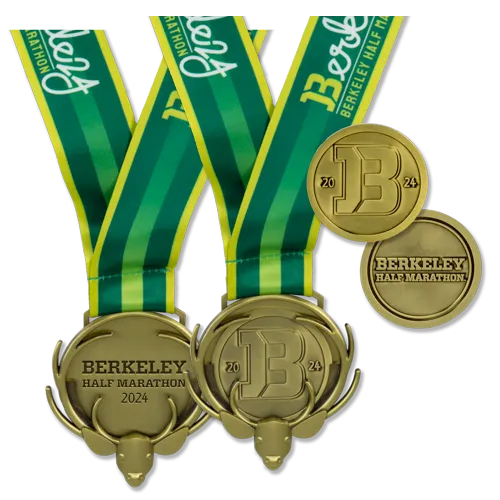 Two Berkeley Half Marathon 2024 medals with green and yellow ribbons, and two additional medal examples.