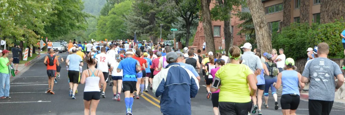 A large group of runners participating in a road race, with trees and buildings lining the course.