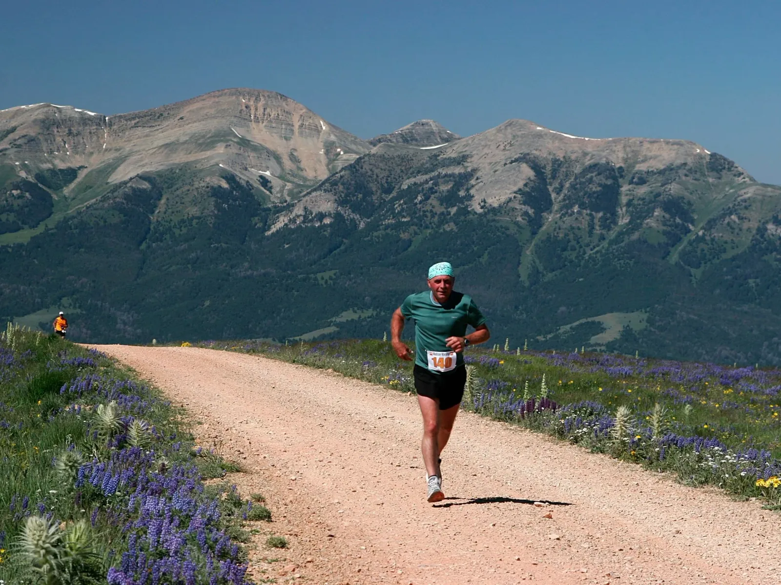 A runner with bib number 140 runs on a dirt road with mountains and wildflowers in the background.