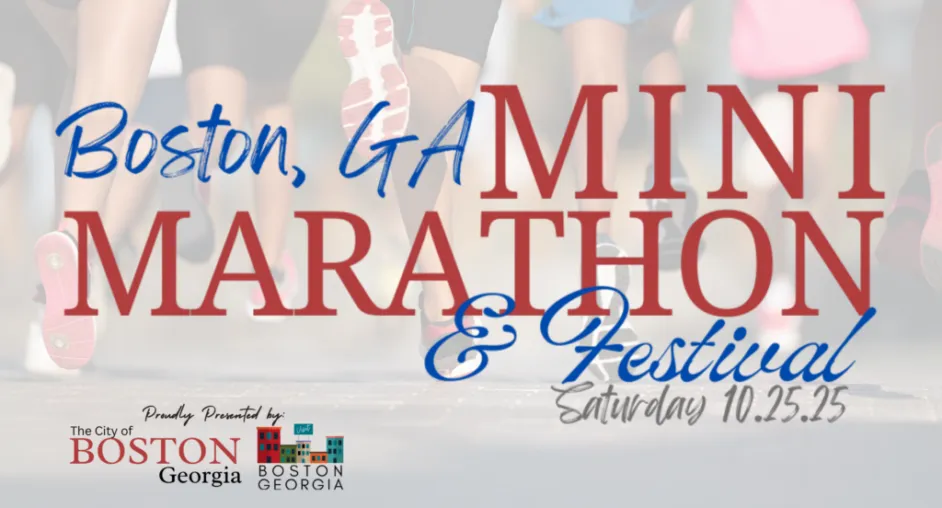 Runners' legs in motion with the text 'Boston, GA Mini Marathon & Festival' overlaid.