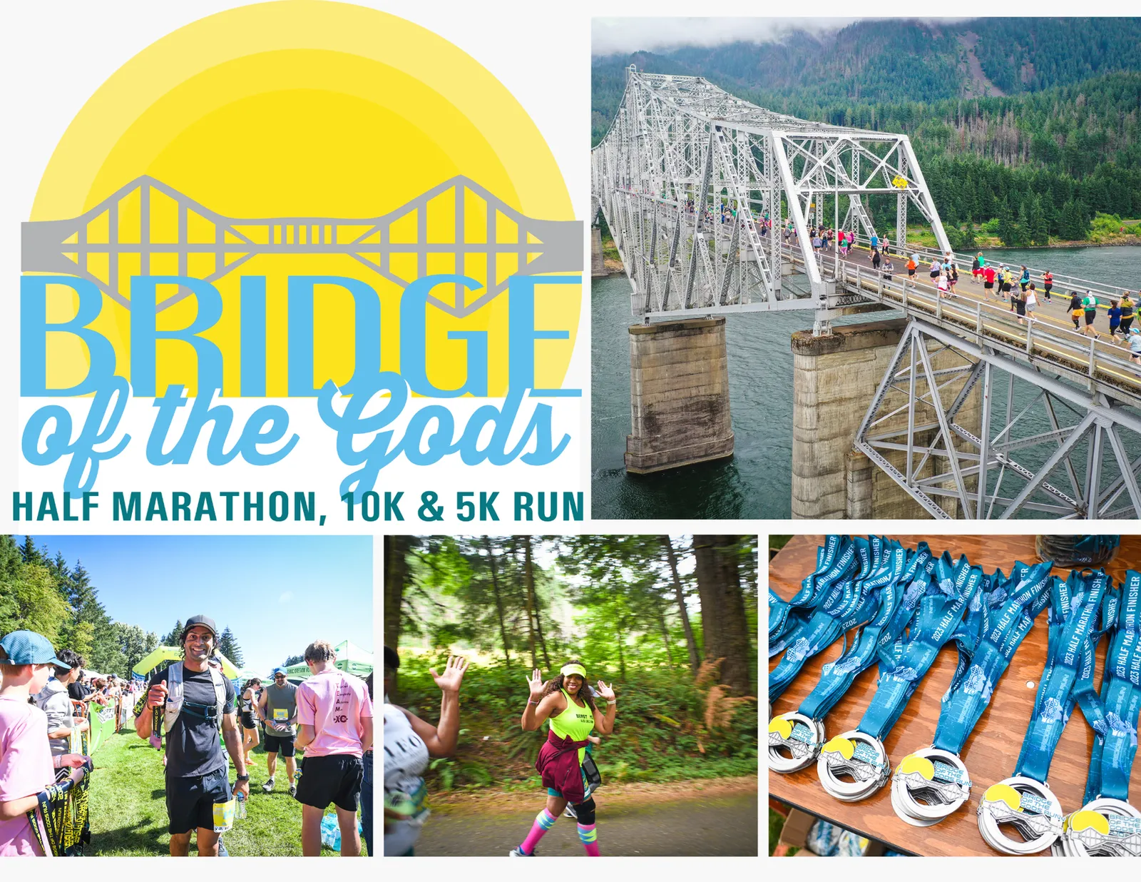 Collage of images for the Bridge of the Gods Half Marathon, featuring runners on a bridge, a man with a medal, a runner in a forest, and finisher medals.