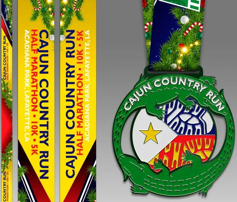 Cajun Country Run medal featuring alligators and a festive Christmas-themed ribbon.