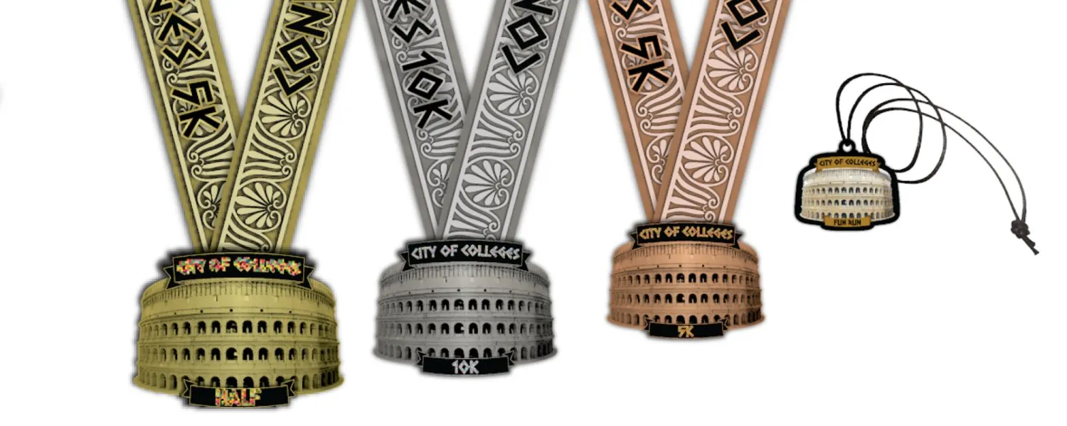 Gold, silver, and bronze medals for the City of Colleges Half Marathon, featuring a coliseum design.