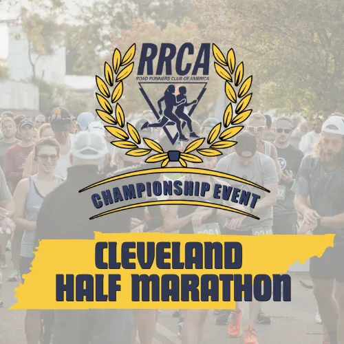A crowd of runners at the start line of the Cleveland Half Marathon, with the RRCA Championship Event logo and race title prominently displayed.