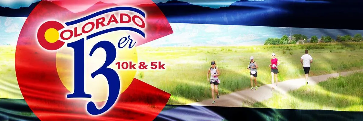 Runners on a path through a grassy field with mountains in the background, with the race logo 'Colorado 13er 10k & 5k' overlaid.