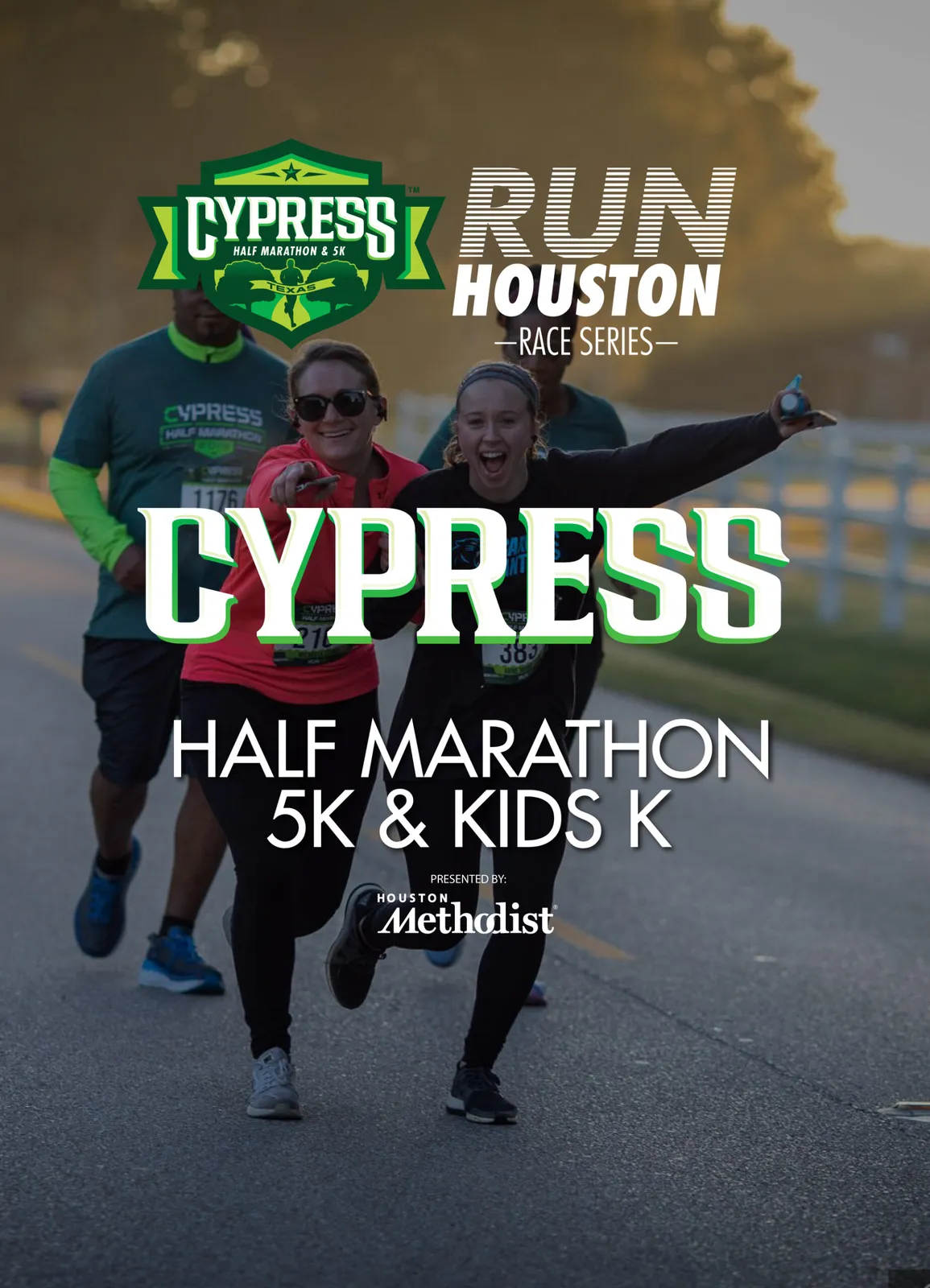 Two women running and smiling at the camera, with other runners behind them, and race branding and details overlaid.