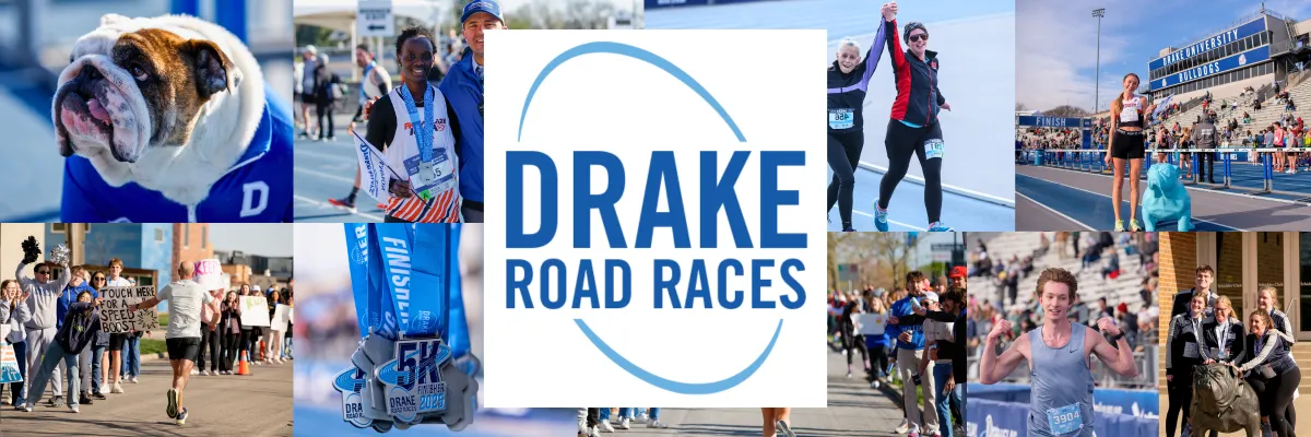 Collage of images from the Drake Road Races, featuring runners, spectators, the Drake University mascot, and race medals.