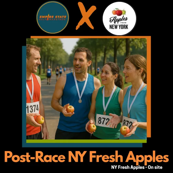 Three runners wearing medals and holding apples, smiling after a race.
