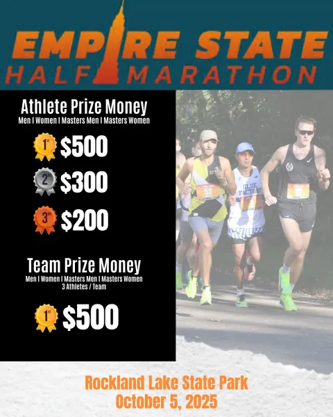 Runners competing in the Empire State Half Marathon, with prize money information displayed on the left side of the image.