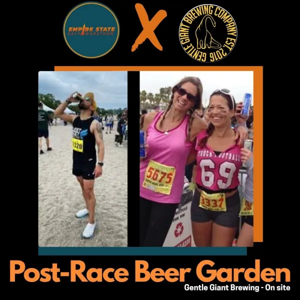 Two women smiling after a race, one wearing a pink tank top with bib number 5675, and the other in a pink jersey with number 69 and bib number 3337. A man in a black tank top with bib number 1320 is drinking from a bottle in the background.