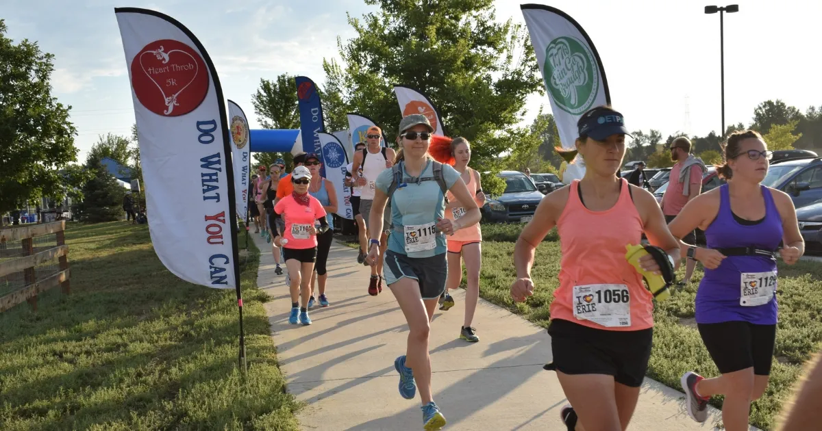 Runners starting a race, with colorful flags and bib numbers visible.