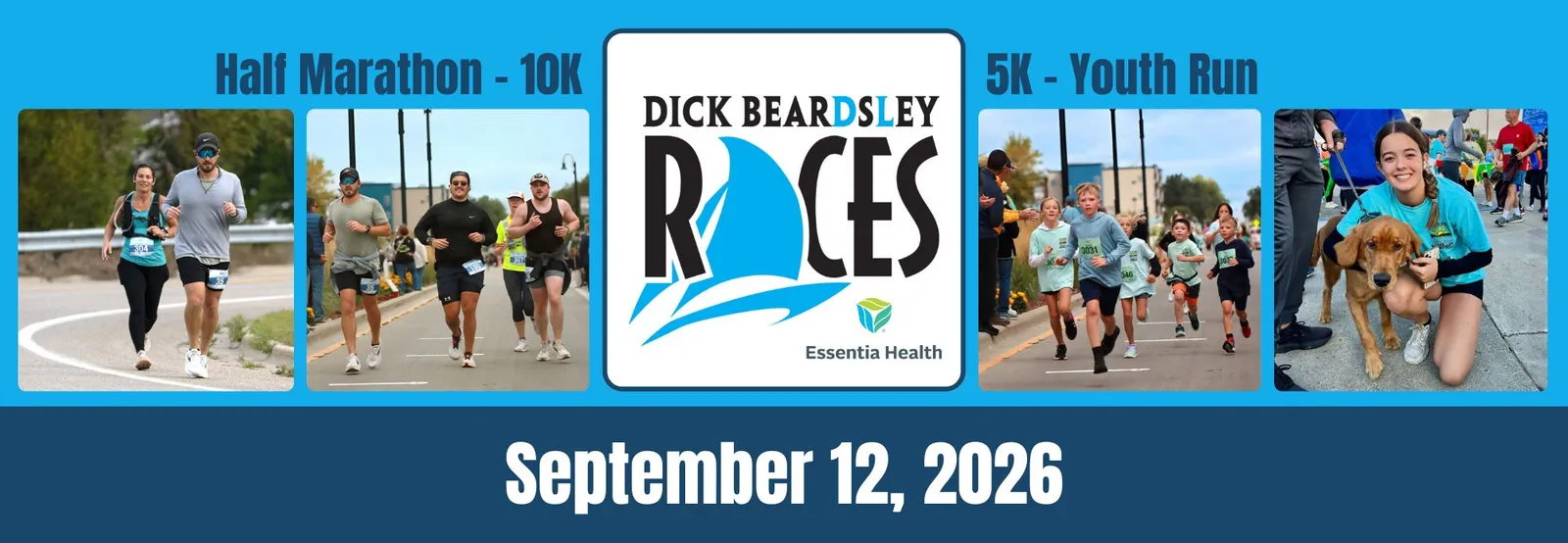 Composite image showing runners of various ages participating in the Dick Beardsley Races, with a central logo and the date September 12, 2026.
