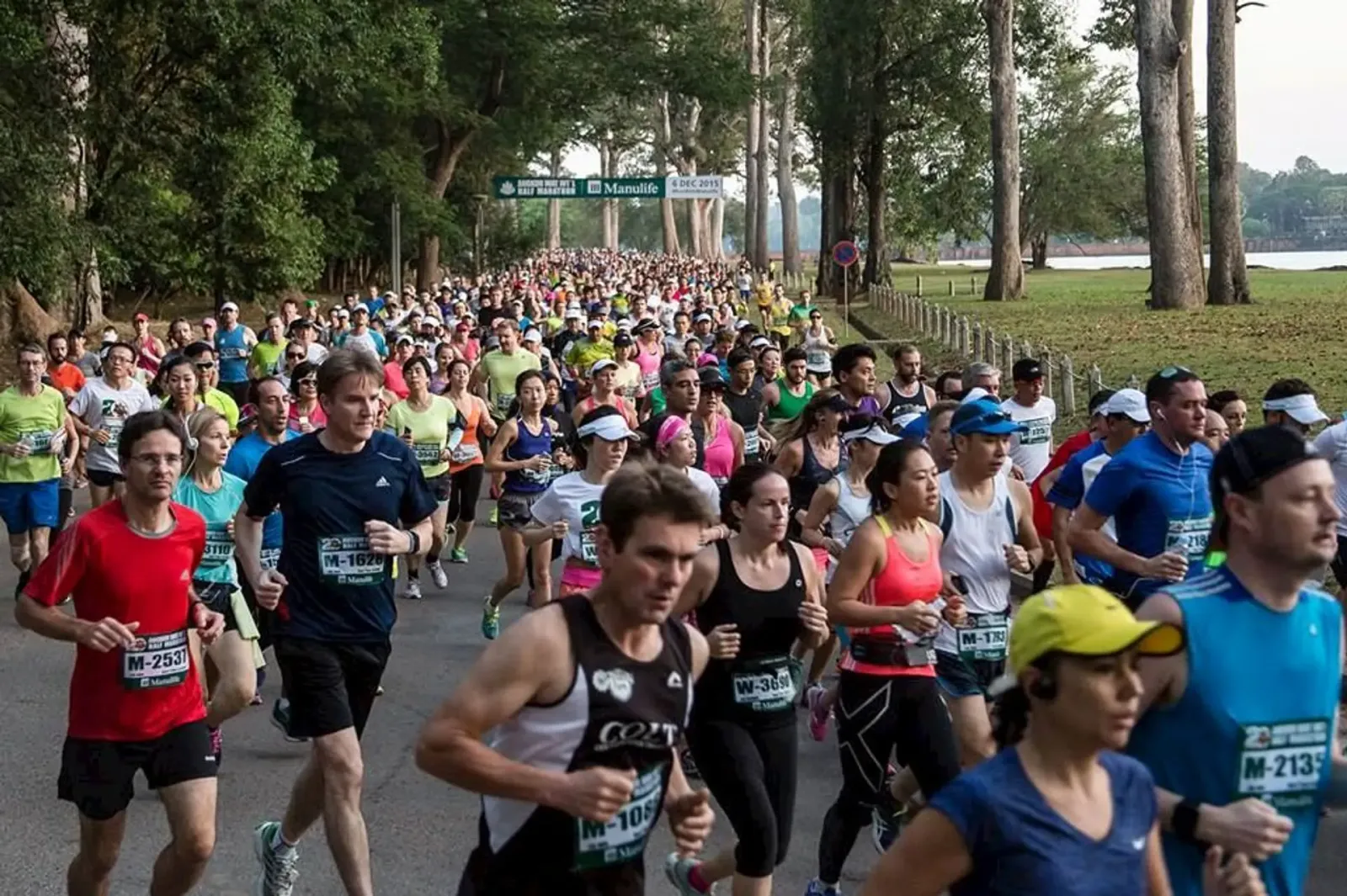 A large group of runners participating in a road race, with trees lining the course and a banner in the background.