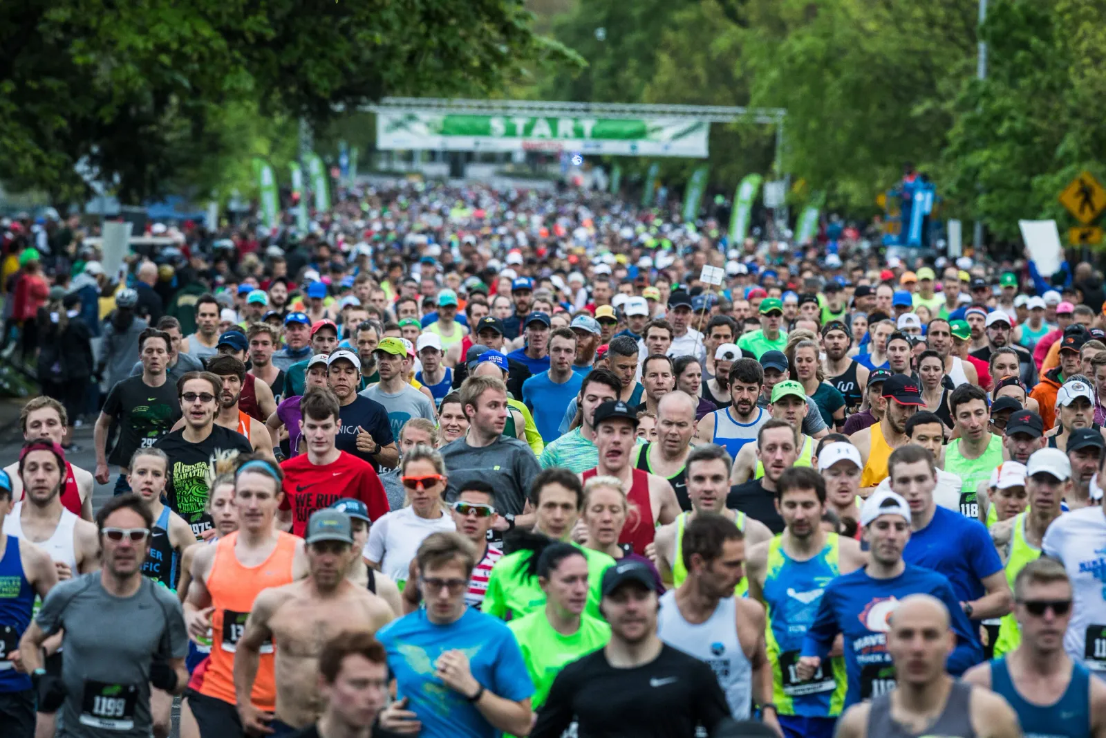 A large crowd of runners at the start line of a race, with trees and a 'START' banner in the background.