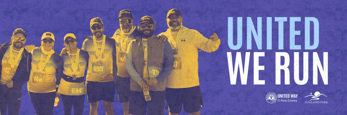 A group of runners, smiling and wearing medals, pose for a photo with the text "UNITED WE RUN" on the right side of the image.