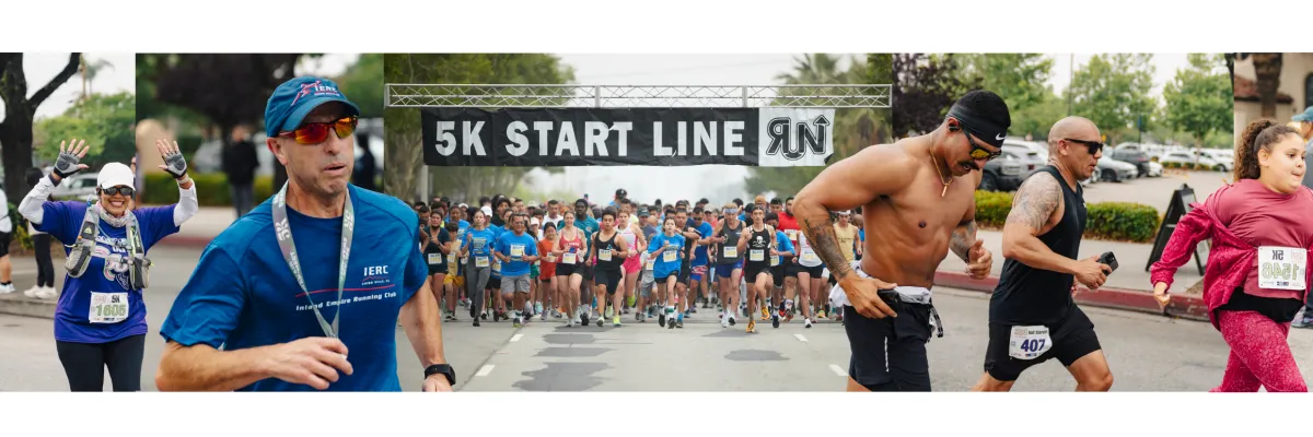 A collage of runners at the start line of a 5K race, with some participants waving and others focused on the run.