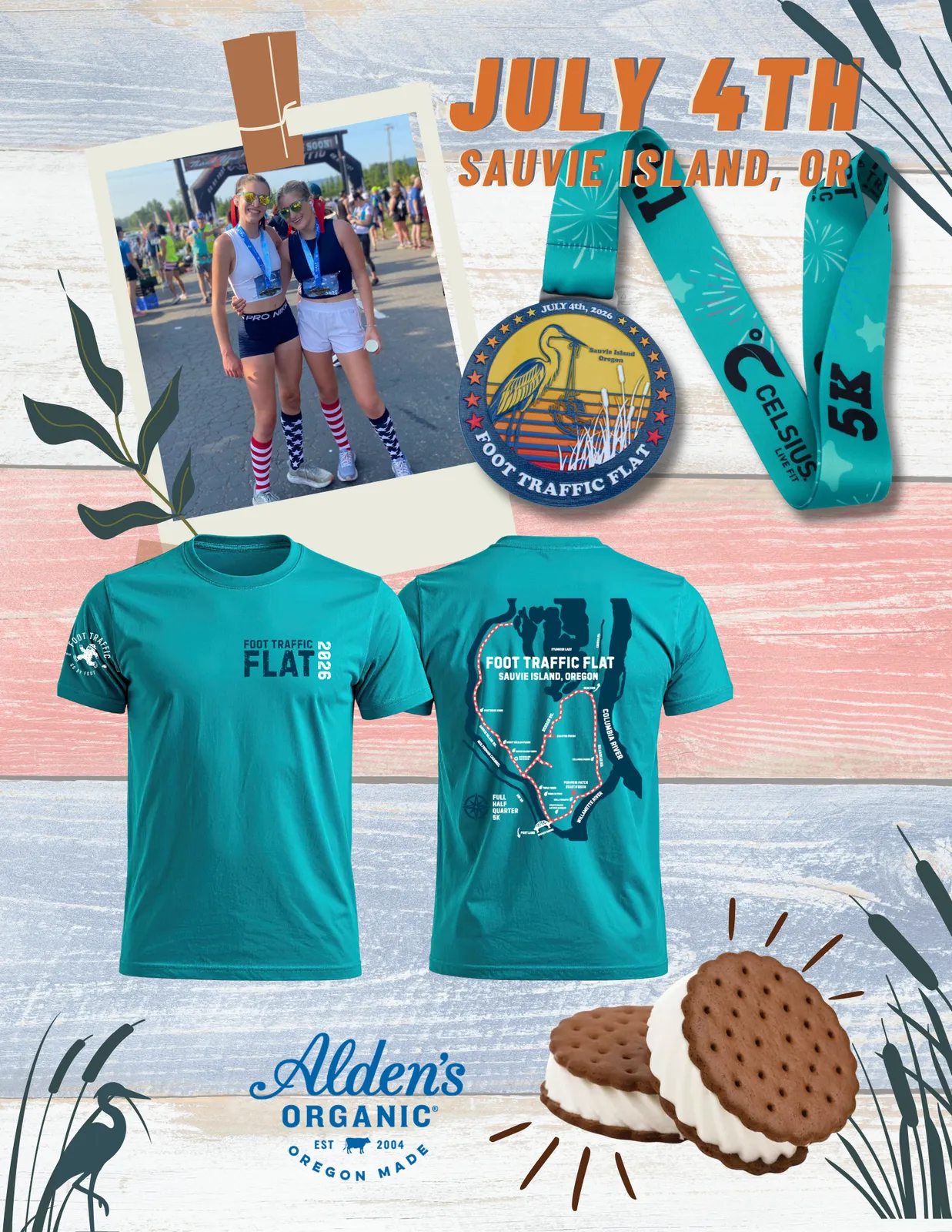 Two young women wearing race medals and patriotic socks smile at the camera in front of a race start line archway, with race merchandise and text overlaying the background.