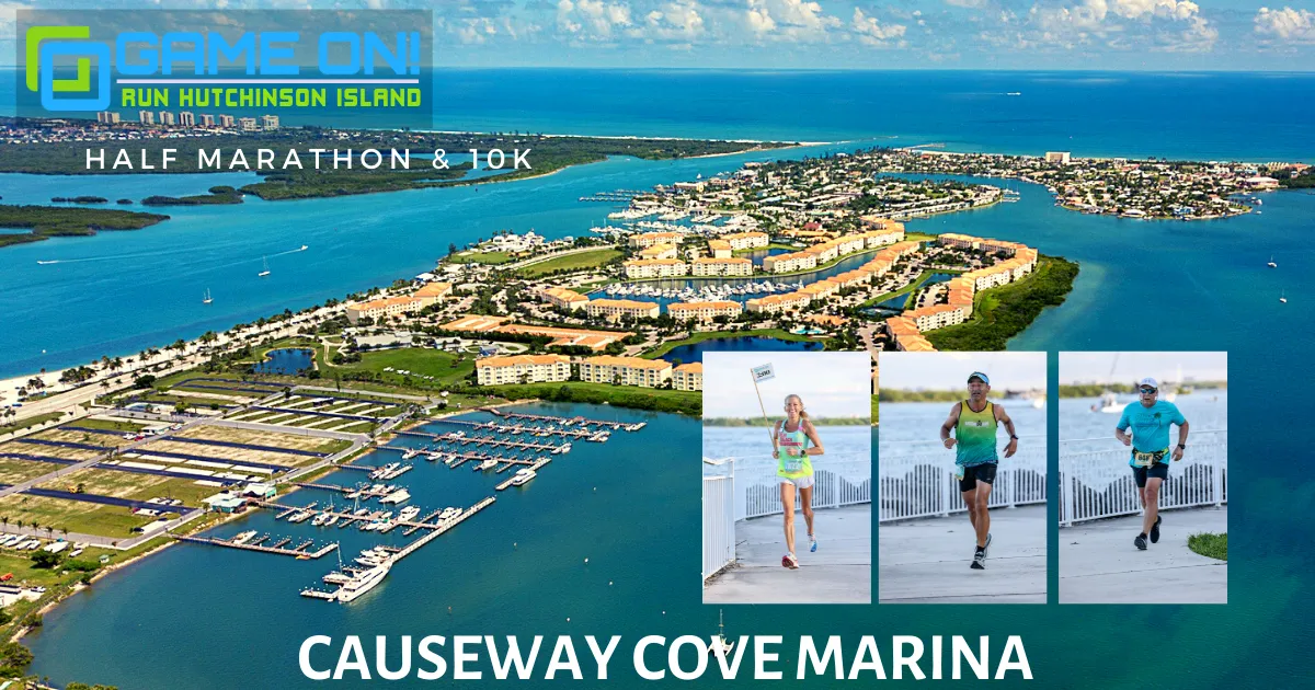 Runners participating in the Game On Run Hutchinson Island Half Marathon & 10K with a scenic waterfront background.