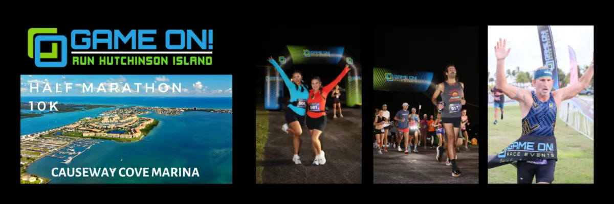 Runners celebrating at the finish line of the Game On! Run Hutchinson Island Half Marathon.