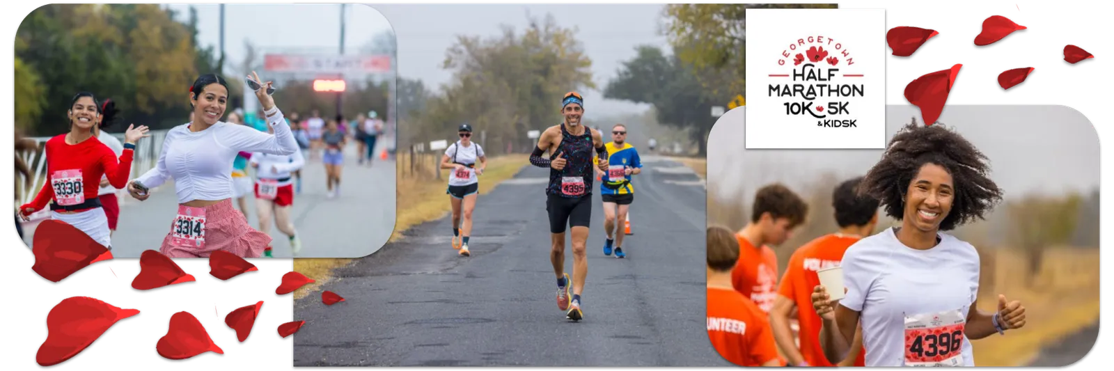 A smiling female runner gives a thumbs-up at the Georgetown Half Marathon, with other runners and the start line visible in the background.