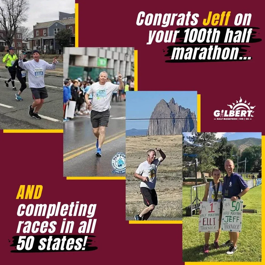 Collage of photos celebrating Jeff's 100th half marathon and completing races in all 50 states, featuring him running and holding signs with race information.