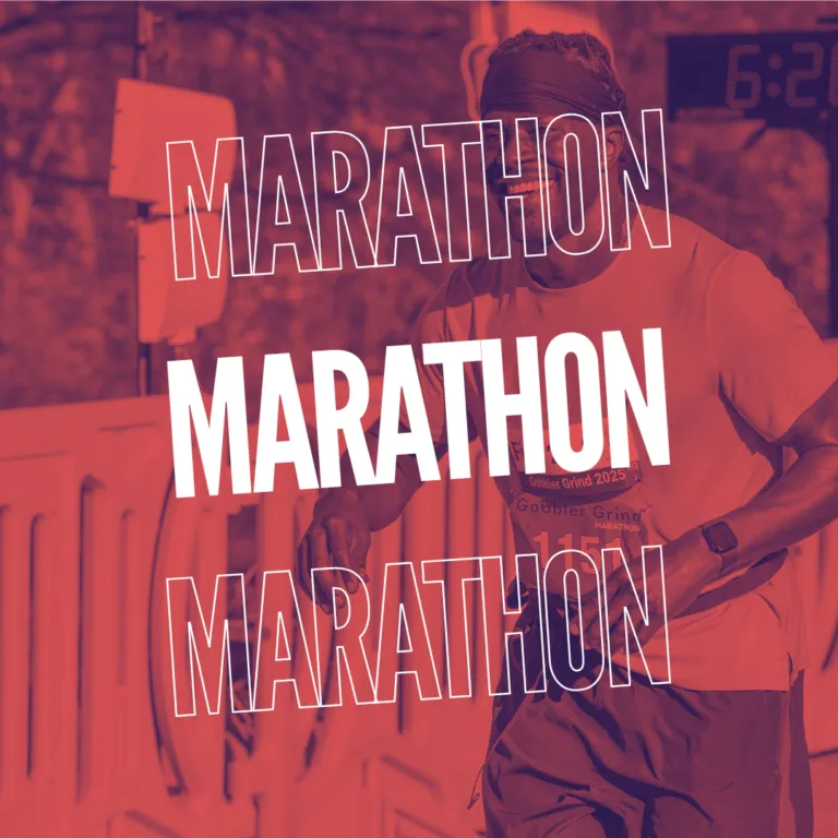 A smiling runner wearing a headband and race bib crosses a finish line, with the word "MARATHON" repeated three times overlaid on the image.