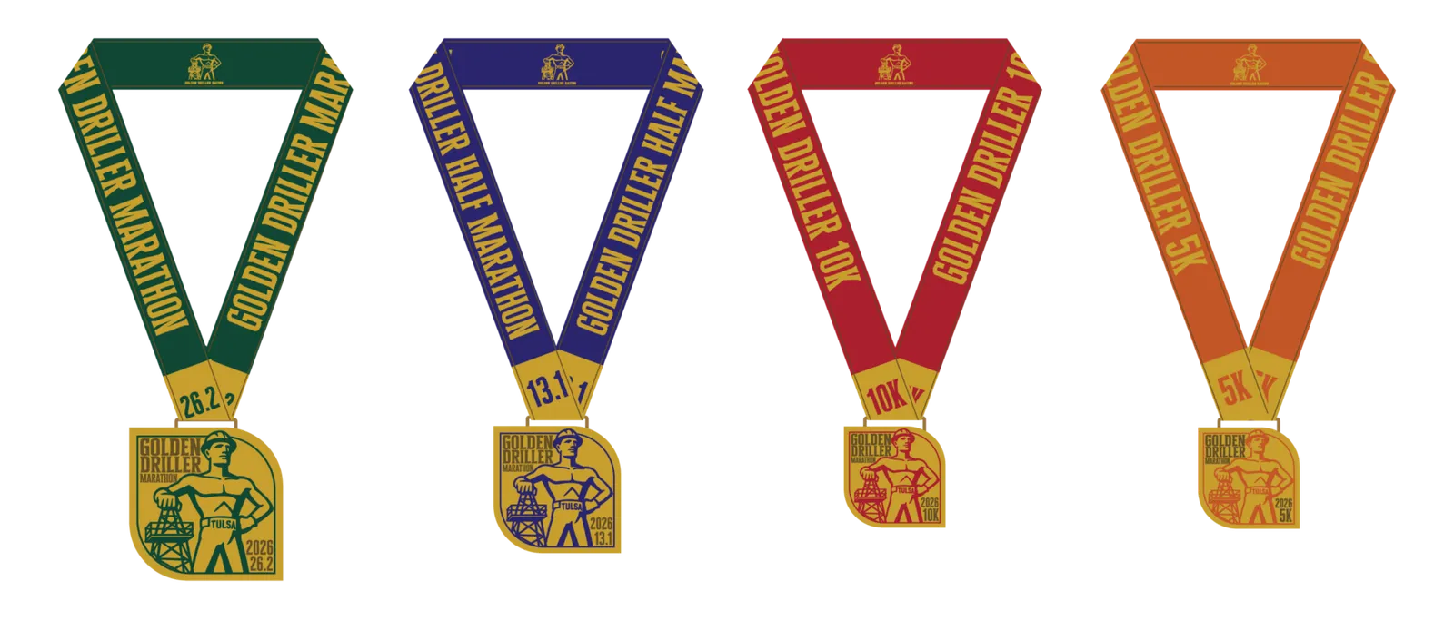 Four different race medals for the Golden Driller Marathon, Half Marathon, 10K, and 5K.