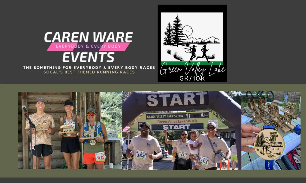 Collage of race photos including runners at the start line, winners with awards, and a close-up of a race medal.