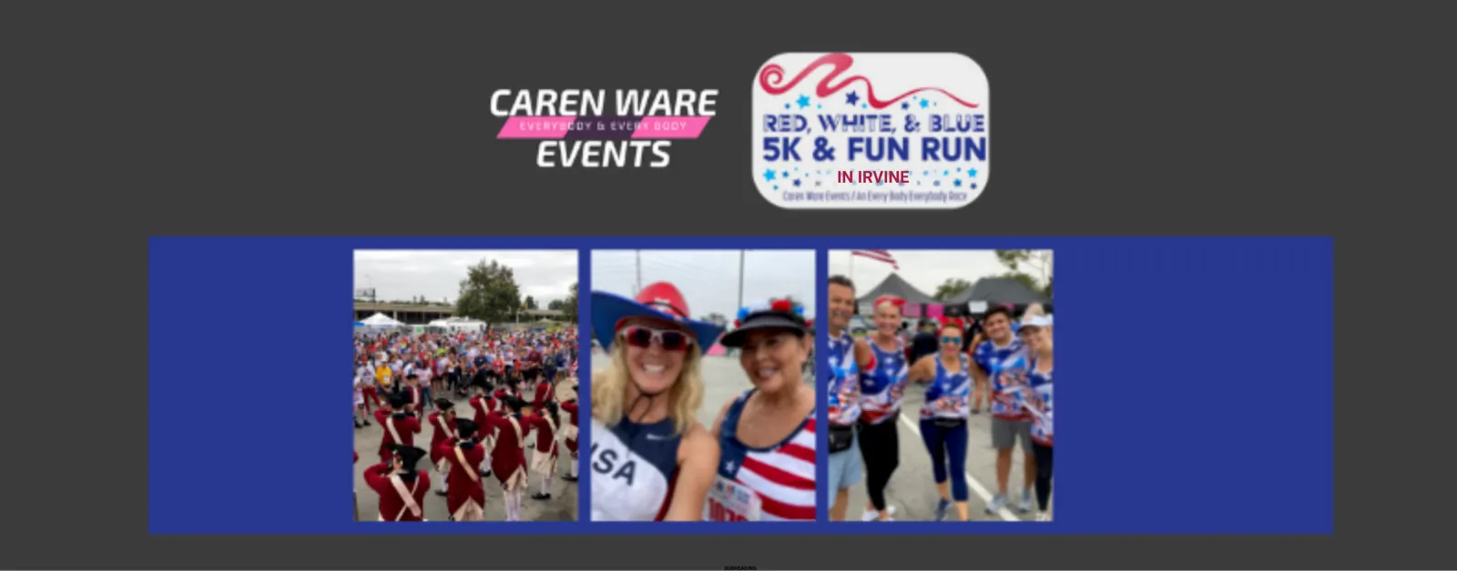 A composite image showing a large group of runners at a start line, some in colonial-era costumes, and close-ups of participants smiling and wearing patriotic USA-themed clothing.