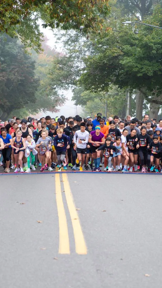 A large group of runners are lined up at the start of a road race, with trees and a slightly foggy sky in the background.