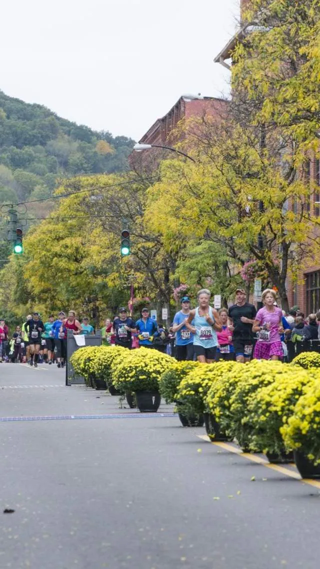Runners approaching the finish line, with yellow flowers lining the road.