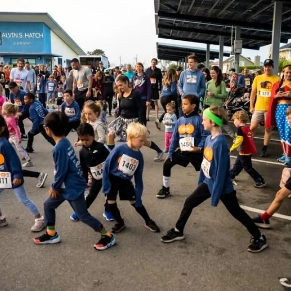 Young runners stretching at the start line of a race, with other participants and spectators in the background.